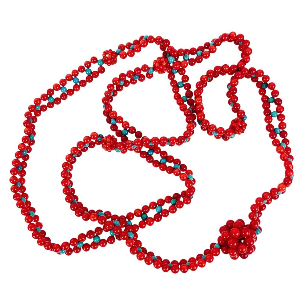 Jay King Red Coral Turquoise Multi Strand Long 48" Opera Rope Station Necklace
